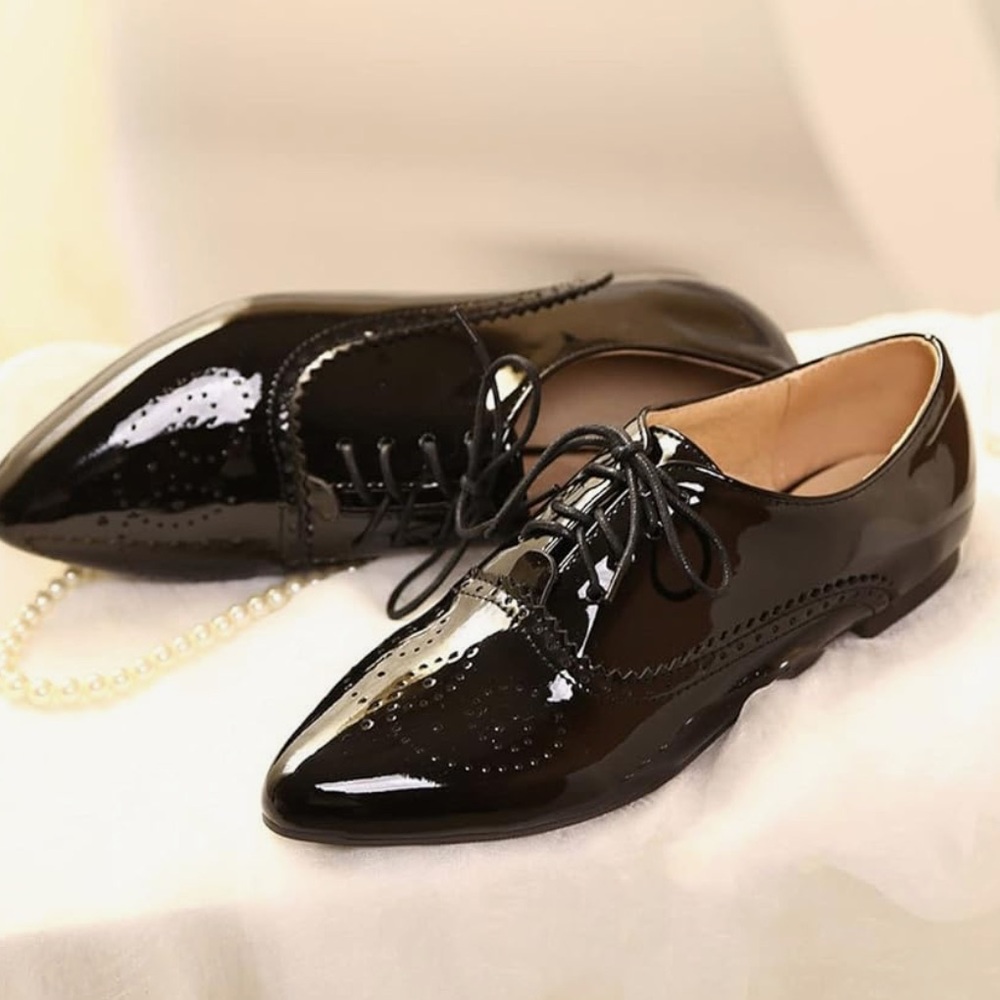 NWOT Womens Patent Leather Pointed Toe Flat Oxford Wingtip Dress… - Picture 4 of 12